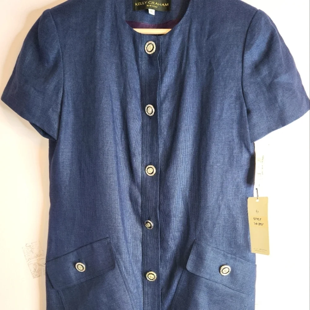 VTG KELLY GRAHAM 100% Linen Navy Blue Dress, size 6 - Picture 3 of 13
